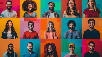 cover photo of multiple small images of people from different sectors of life with solid colors background.