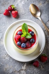 Delicious panna cotta with fruit coulis and fresh berries on light grey table, top view. Space for text