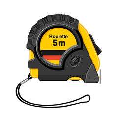 Yellow round tape measure. Carpenter's measurement tool with unit scale. Illustration on white background