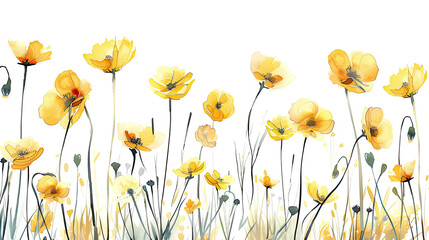 Watercolor whimsical buttercups in dry brush style, vivid and striking strokes, clean white background