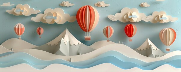 Colorful paper art of hot air balloons floating over mountains and clouds