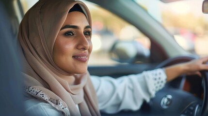 happy muslim woman driving car