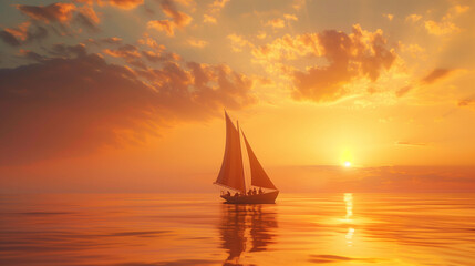 Sailing Into the Sunset on a Calm Ocean Under Colorful Skies at Dusk