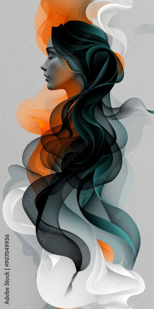 Wall mural Abstract art of a woman with long flowing black hair in profile view