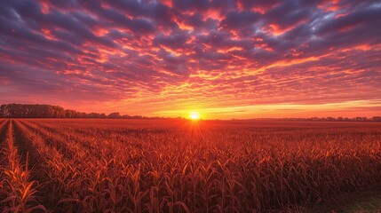 Fototapeta premium A colorful sunset over a cornfield, casting long shadows across the golden stalks