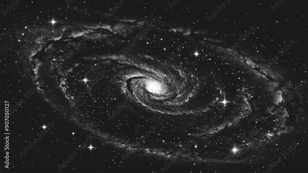Wall mural deep space scene background in stippling style with amazing huge glowing spiral galaxy and stars. mi