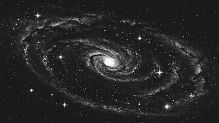 Deep space scene background in stippling style with amazing huge glowing spiral galaxy and stars. Milky Way galaxy. Retro styled dotwork. Pointillism. Noisy grainy dot shading. Vector illustration © 3d_kot