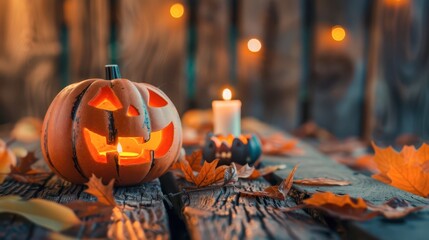 Obraz premium Carved Pumpkin With Candle Amidst Autumn Leaves at Night