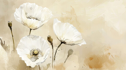 Watercolor White poppies in dry brush style, bold and vivid strokes, light beige background