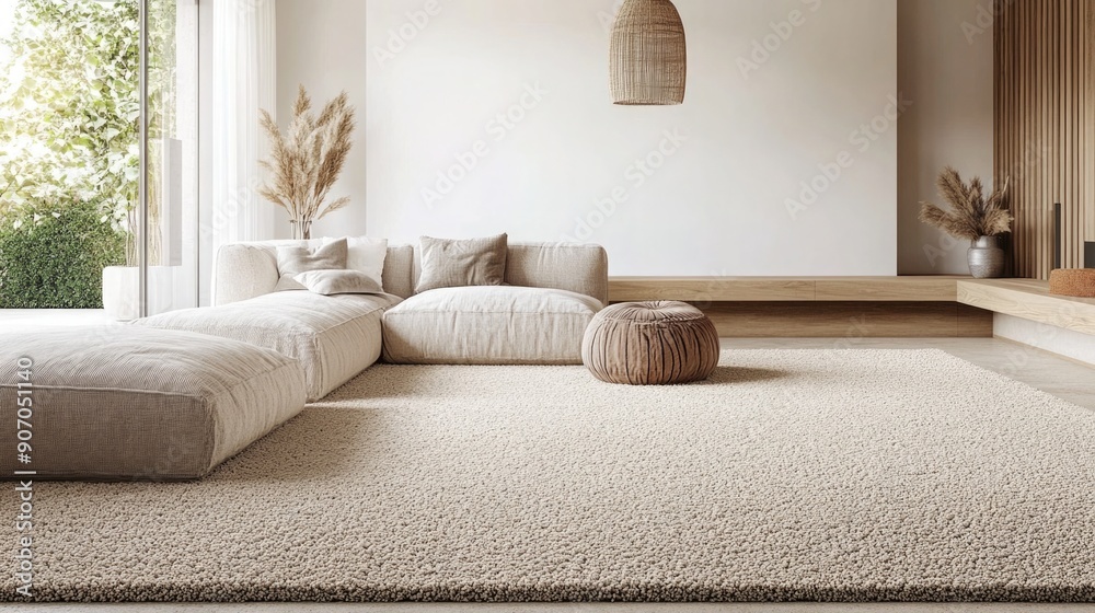 Wall mural comfortable living room with berber carpet flooring in neutral beige showcasing looped texture and d