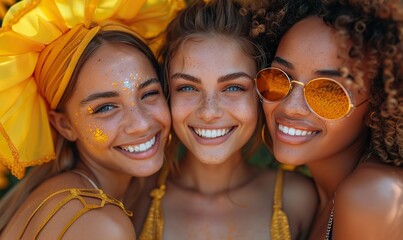 Obraz premium A diverse group of young people is celebrating Gay Pride Festival Day outdoors, with trendy multiracial friends standing against a yellow background, including two girls kissing.