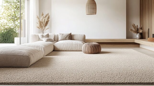 Comfortable Living Room with Berber Carpet Flooring in Neutral Beige Showcasing Looped Texture and Durability