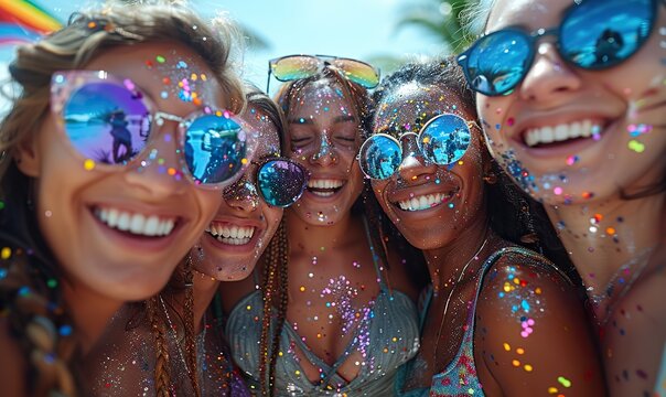 A diverse group of young people is celebrating Gay Pride Festival by throwing confetti in the air, with the LGBT community concept emphasized through outdoor hugging. - Powered by Adobe
