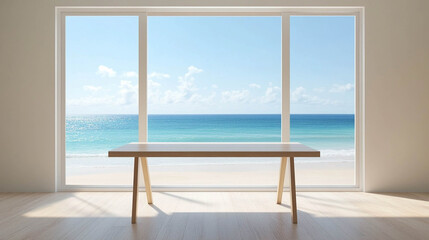 Fototapeta premium Modern and empty wooden work table against a large window with a sea view. Work-from-home in a paradise concept photo 