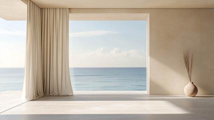 A Beige curtains on a large bright window with an ocean view and an empty beige room with a parquet floor