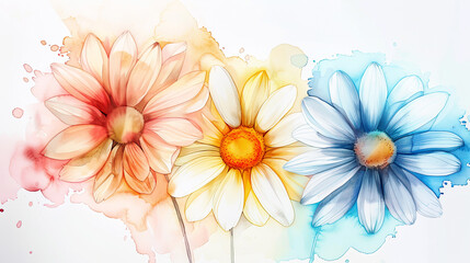 Watercolor whimsical daisies with ink and wash combination, detailed and vibrant, light background