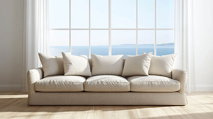 Comfortable and modern sofa in front of a large and bright window with sea views and in an empty living room with wooden floor