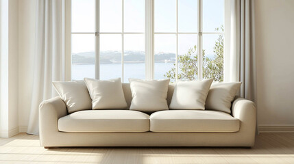 Comfortable and modern sofa in front of a large and bright window with sea views and in an empty living room with wooden floor