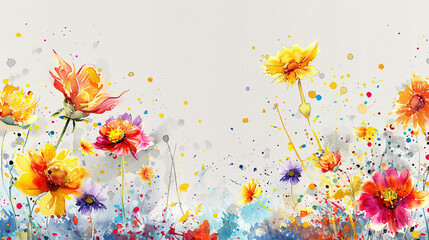 Watercolor whimsical daisies with splattering, energetic and dynamic, bright and lively, light gray background