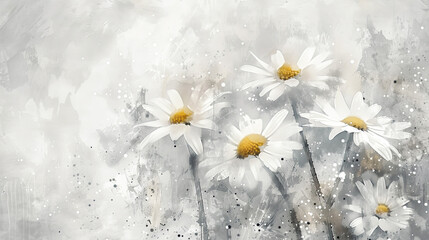 Watercolor whimsical daisies with splattering, dynamic and lively, light gray background