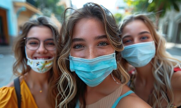 A diverse group of young friends, wearing face masks, are taking a selfie outdoors. This scene captures the new normal of lifestyle and social interactions in a fun and engaging way.