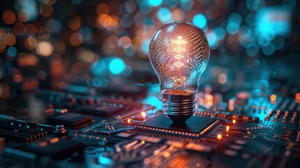5g luminous light bulb in blue colour, sitting on circuit board with bokeh effect. Brilliant 5g tecnology concept, 3D rendering ai generated