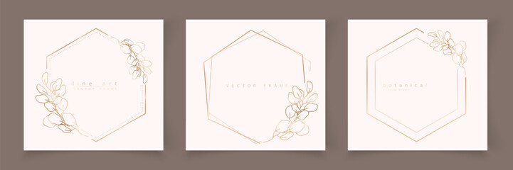 Set of hexagon frame template in minimal linear style with hand drawn branches and leaves. Elegant polygon frame. Botanical vector illustration for labels, corporate identity, wedding invitation, logo