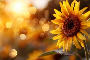 Fototapeta premium Sunflowers swaying in a summer breeze, their golden petals contrasting against a blurred background of lush greenery.