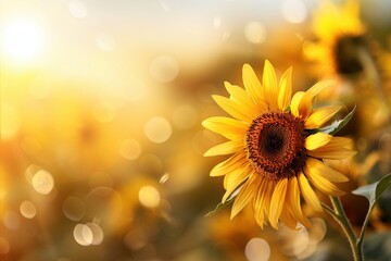 Fototapeta premium Sunflowers swaying in a summer breeze, their golden petals contrasting against a blurred background of lush greenery.