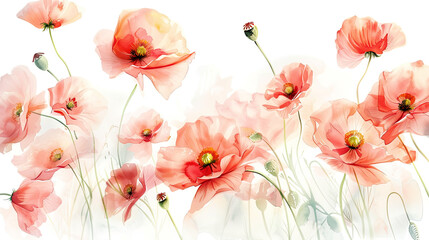 Watercolor whimsical poppies with soft blending, smooth and gentle, white background