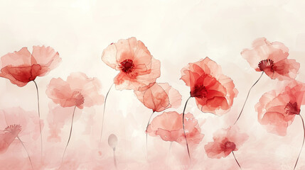 Watercolor whimsical poppies with soft blending, subtle and airy transitions, white background