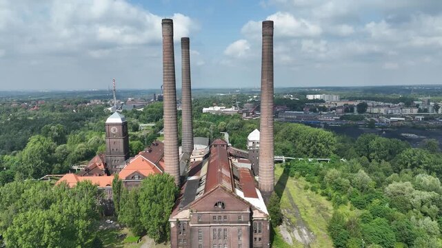 Aerial drone view of the Szombierki Heat and Power Plant, formerly the Bobrek Power Plant. The Trail of Technical Monuments of the Silesian Voivodeship. Old Heat and Power Plant in Bytom, Poland.
