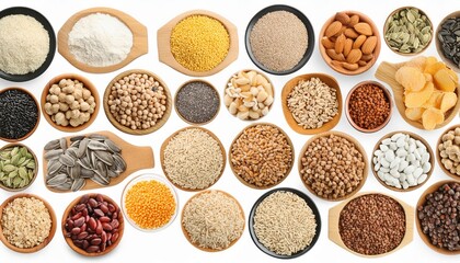 Various types of food grains, beans, seeds, nuts and corns on small bowls isolated on white background for mockup design. Whole grains, Organic foods