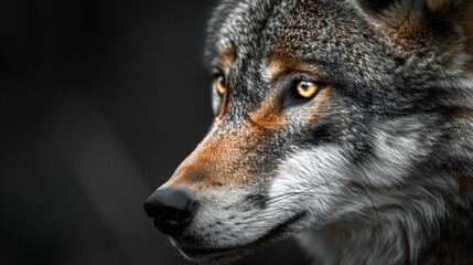Obraz premium A close up of a wolf's face on a black background, fantasy wolf portrait ai generated