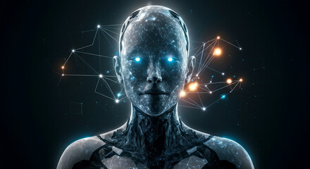 Artificial intelligence on a futuristic humanoid with glowing network connections, ideas of digital artificial intelligence, technological and innovative business, data science, and cybernetics 