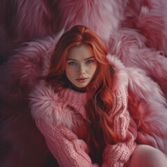 red_hair_woman_in_pink_faux_fur