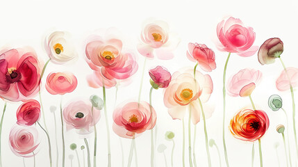 Watercolor whimsical ranunculus with soft blending, subtle and airy transitions, white background