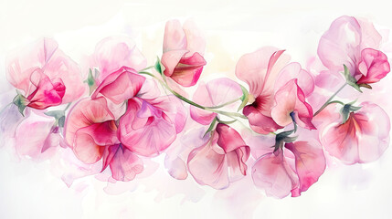 Watercolor whimsical sweet peas with feathering, smooth edges, elegant and airy, light background