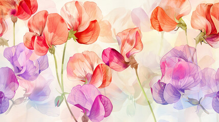 Watercolor whimsical sweet peas with gradient washes, seamless transitions, dreamy and soft, light background