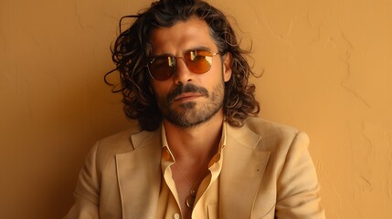 Fototapeta premium Handsome confident model. Arabian man dressed in elegant beige suit. Fashion male with long curly hairstyle posing near beige wall in studio.