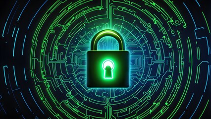 A green and blue image of a lock with a key on it