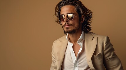 Obraz premium Handsome confident model. Arabian man dressed in elegant beige suit. Fashion male with long curly hairstyle posing near beige wall in studio.