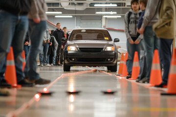 Students Observing Car Emergency Stop Demonstration in Controlled Environment for Safety Training