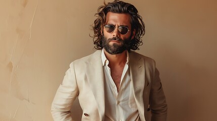Obraz premium Handsome confident model. Arabian man dressed in elegant beige suit. Fashion male with long curly hairstyle posing near beige wall in studio. 
