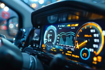 Close-Up of Car Dashboard with Fuel Efficiency Metrics and Driver Adjusting for Optimal Performance