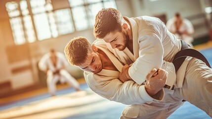 Jiu Jitsu practitioners in an intense grappling match, with detailed action shots capturing technique, concentration, and competitive spirit in a well-lit dojo