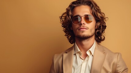 Fototapeta premium Handsome confident model. Arabian man dressed in elegant beige suit. Fashion male with long curly hairstyle posing near beige wall in studio. 