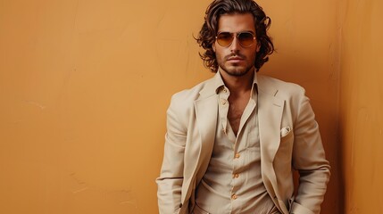 Handsome confident model. Arabian man dressed in elegant beige suit. Fashion male with long curly hairstyle posing near beige wall in studio. 