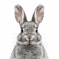 Fototapeta premium Adorable Bunny Charm: A Playful Portrait of a Cute Gray Rabbit Pet on a Pure White Background, Exuding Innocence and Whimsy