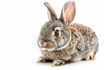 Obraz premium Adorable Bunny Charm: A Playful Portrait of a Cute Gray Rabbit Pet on a Pure White Background, Exuding Innocence and Whimsy